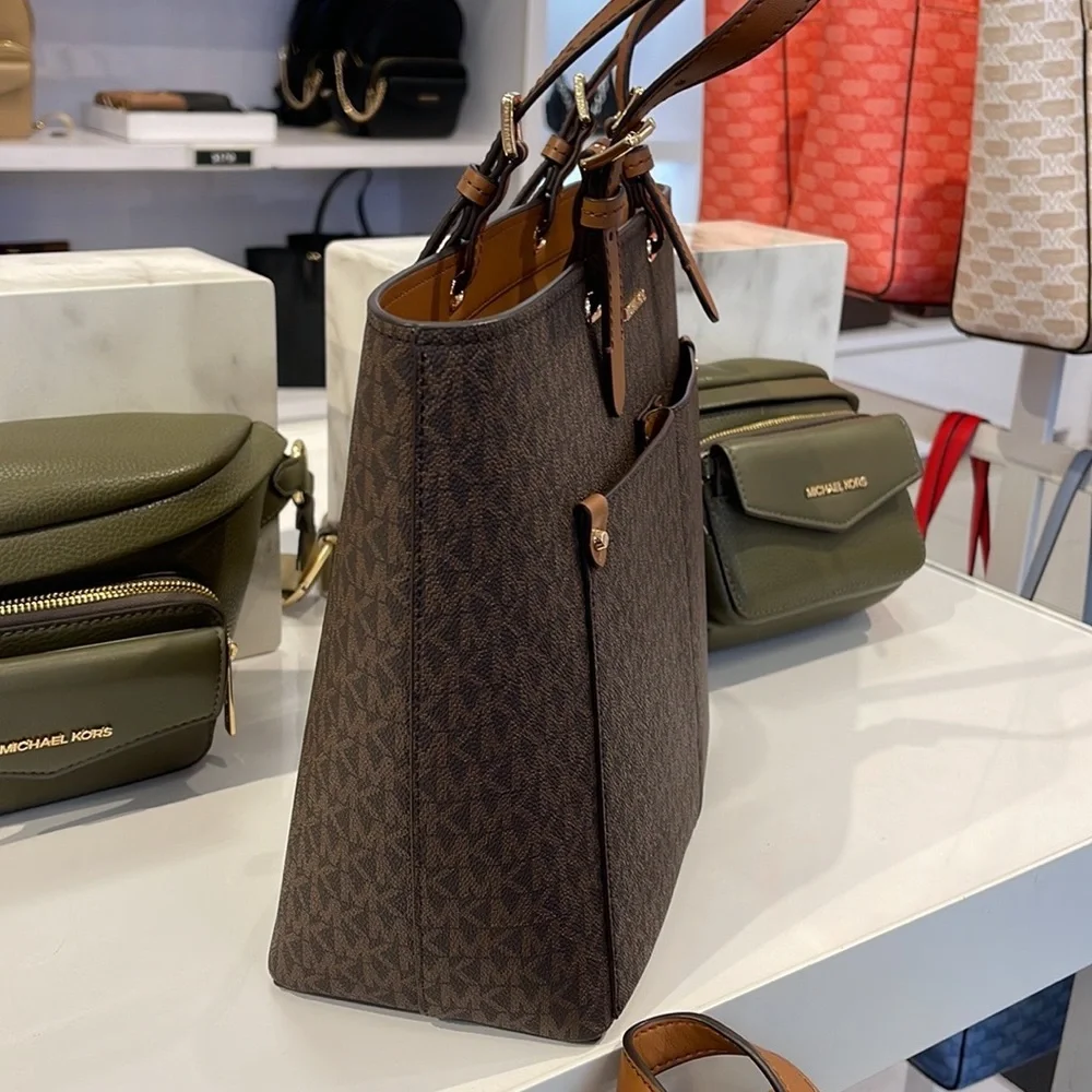 MICHAEL KORS JET SET TRAVEL MEDIUM DOUBLE POCKET TOTE BROWN SIGNATURE NWT